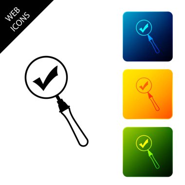 Büyüteç ve onay işareti simgesi yalıtılmış. Büyüteç ve onaylı, onaylamak, yapılır, kene, tamamlanmış sembol. Simgeleri renkli kare düğmeleri ayarlayın. Vektör İllüstrasyonu