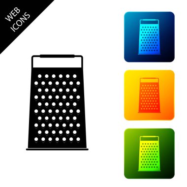 Grater simgesi izole. Mutfak sembolü. Simgeleri renkli kare düğmeleri ayarlayın. Vektör İllüstrasyonu