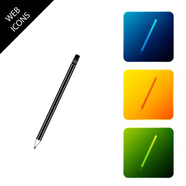 Silgi simgesi izole ile Kalem. Eğitim işareti. Çizim ve eğitim araçları. Okul ofisinin sembolü. Simgeleri renkli kare düğmeleri ayarlayın. Vektör İllüstrasyonu