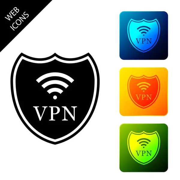 Escudo con VPN y WiFi icono de símbolo de red inalámbrica de Internet aislado. VPN protege el concepto de seguridad. Red privada virtual para la seguridad. Establecer iconos coloridos botones cuadrados. Ilustración vectorial — Vector de stock