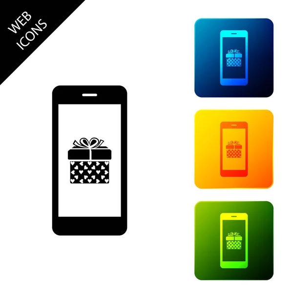 Smartphone avec boîte cadeau et symbole de coeur sur l'icône de l'écran isolé. Symbole de la Saint Valentin. La boutique en ligne, e-shopping. Set icônes boutons carrés colorés. Illustration vectorielle — Image vectorielle