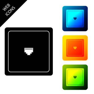 Ethernet soketi işareti. Ağ bağlantı noktası - kablo soketi simgesi yalıtılmış. Lan bağlantı noktası simgesi. Yerel alan bağlayıcı simgesi. Simgeleri renkli kare düğmeleri ayarlayın. Vektör İllüstrasyonu