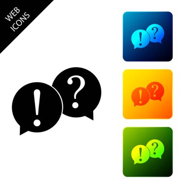 Soru ve Ünlem işaretleri simgesi yalıtılmış konuşma kabarcıkları. SSS işareti. Dosyaları kopyalayın, sohbet konuşma balonu ve grafik web simgeleri. Simgeleri renkli kare düğmeleri ayarlayın. Vektör İllüstrasyonu