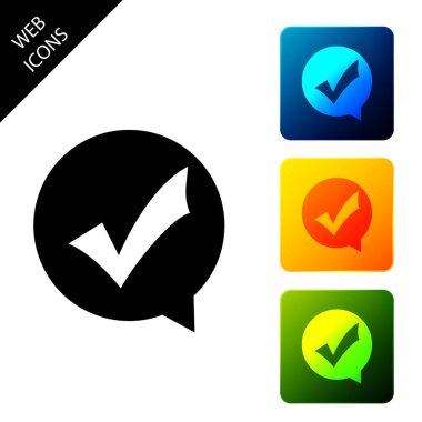 Yalıtılmış daire simgesinde işareti işaretle işaretleyin. Seçim düğmesi işareti. Onay işareti simgesi. Konuşma balonu simgesi. Simgeleri renkli kare düğmeleri ayarlayın. Vektör İllüstrasyonu