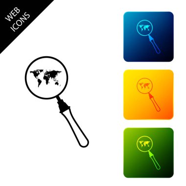 Dünya haritası simgesi izole büyüteç. Dünyayı analiz etmek. Genel arama işareti. Simgeleri renkli kare düğmeleri ayarlayın. Vektör İllüstrasyonu