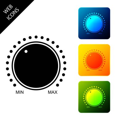 Arama düğmesi düzeyi teknoloji ayarları simgesi yalıtılmış. Ses düğmesi, ses kontrolü, sayı ölçeğiile müzik düğmesi, analog regülatör. Simgeleri renkli kare düğmeleri ayarlayın. Vektör İllüstrasyonu