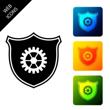 Dişli simgesi izole ile Kalkan. Simgeleri renkli kare düğmeleri ayarlayın. Vektör İllüstrasyonu