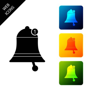 Çan simgesi yalıtılmış. Yeni Bildirim simgesi. Yeni ileti simgesi. Simgeleri renkli kare düğmeleri ayarlayın. Vektör İllüstrasyonu