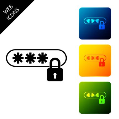 Parola koruması ve güvenlik erişim simgesi yalıtılmış. Simgeyi kilitleyin. Güvenlik, güvenlik, koruma, gizlilik kavramı. Simgeleri renkli kare düğmeleri ayarlayın. Vektör İllüstrasyonu