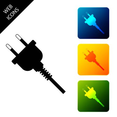 Elektrik fişi simgesi izole. Elektrik bağlantısı ve kopukluğu kavramı. Simgeleri renkli kare düğmeleri ayarlayın. Vektör İllüstrasyonu