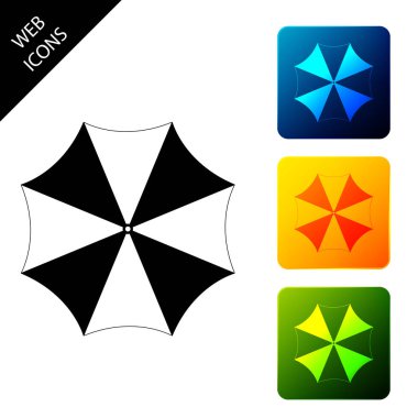 Güneş koruyucu şemsiye fo plaj simgesi izole. Açık alan için büyük şemsiye. Plaj şemsiyesi. Yaz tatili veya piknik aksesuarı. Simgeleri renkli kare düğmeleri ayarlayın. Vektör İllüstrasyonu