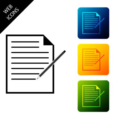 Boş defter ve silgi simgesi izole ile kalem. Kağıt ve kalem. Simgeleri renkli kare düğmeleri ayarlayın. Vektör İllüstrasyonu