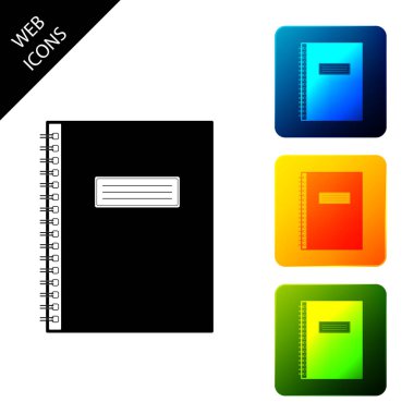 Not defteri simgesi yalıtılmış. Spiral not defteri simgesi. Okul defteri. Yazı defteri. İş günlüğü. Dizüstü kapak tasarımı. Ofis kırtasiye eşyaları. Simgeleri renkli kare düğmeleri ayarlayın. Vektör İllüstrasyonu