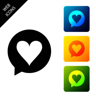 Konuşma kabarcık simgesi nde Kalp izole. Mesaj kabarcığındaki kalp şekli. Aşk işareti. Sevgililer günü sembolü. Simgeleri renkli kare düğmeleri ayarlayın. Vektör İllüstrasyonu