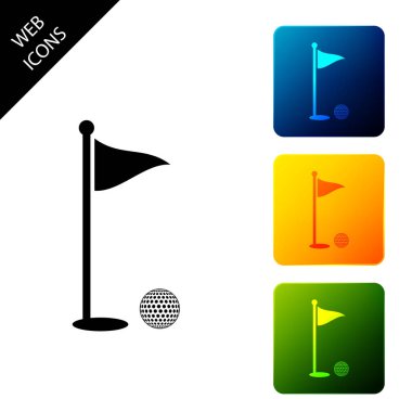 Golf topu ve delik bayrak simgesi izole ile. Golf sahası. Delikte top ve bayrak çubuğu. Spor konsepti. Simgeleri renkli kare düğmeleri ayarlayın. Vektör İllüstrasyonu