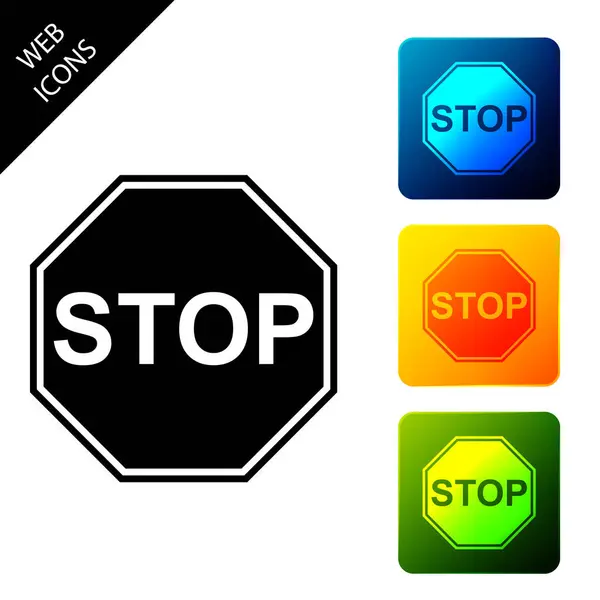 Ícone de sinal de parada isolado. Símbolo de paragem de aviso regulamentar de trânsito. Definir ícones coloridos botões quadrados. Ilustração vetorial —  Vetores de Stock