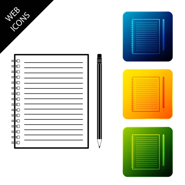 Leeres Notizbuch und Bleistift mit Radiergummi-Symbol isoliert. setzen Symbole bunte quadratische Tasten. Vektorillustration — Stockvektor