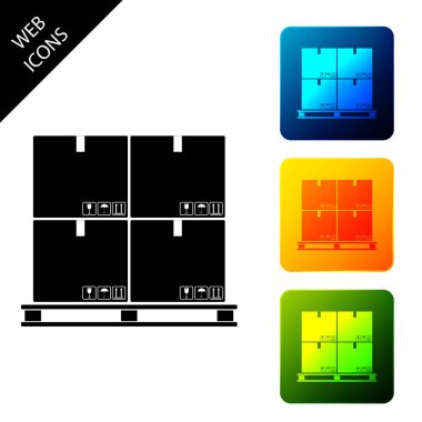 Beyaz arka planda yalıtılmış palet simgesi karton kutular. Kırılgan işaretleri ile kapalı karton teslimat ambalaj kutusu. Simgeleri renkli kare düğmeleri ayarlayın. Vektör İllüstrasyonu