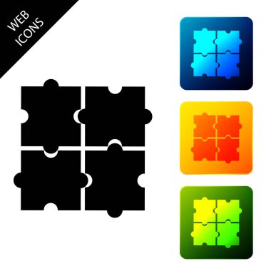 Beyaz arka planda yalıtılmış bulmaca simgesi parçası. İş, pazarlama, finans, şablon, düzen, infographics, internet kavramı. Simgeleri renkli kare düğmeleri ayarlayın. Vektör İllüstrasyonu
