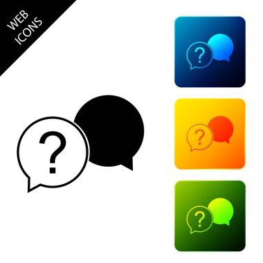 Beyaz arka planda yalıtılmış sohbet soru simgesi. Konuşma kabarcık sembolü yardım. SSS işareti. Soru işareti işareti. Simgeleri renkli kare düğmeleri ayarlayın. Vektör İllüstrasyonu