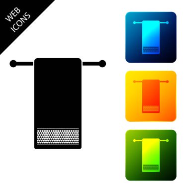 Beyaz arka planda izole edilmiş bir askı simgesi üzerinde havlu. Banyo havlusu simgesi. Simgeleri renkli kare düğmeleri ayarlayın. Vektör İllüstrasyonu