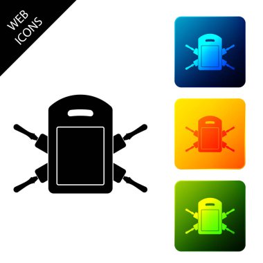 Kesme tahtası ve oklava simgesi beyaz arka planda yalıtılmış. Mutfak eşyaları ve ekipmanları. Simgeleri renkli kare düğmeleri ayarlayın. Vektör İllüstrasyonu