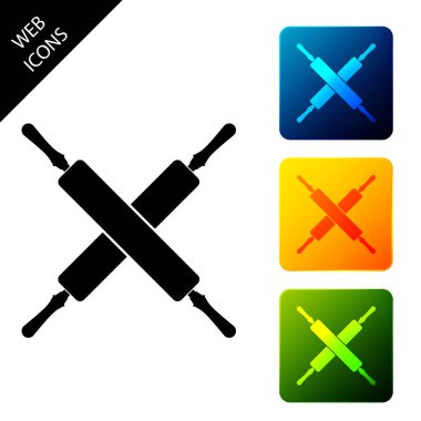 Beyaz arka planda yalıtılmış çapraz oklava simgesi. Mutfak eşyaları ve ekipmanları. Simgeleri renkli kare düğmeleri ayarlayın. Vektör İllüstrasyonu