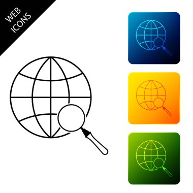 Beyaz arka plan üzerinde izole küre simgesi ile büyüteç. Dünyayı analiz etmek. Genel arama işareti. Simgeleri renkli kare düğmeleri ayarlayın. Vektör İllüstrasyonu