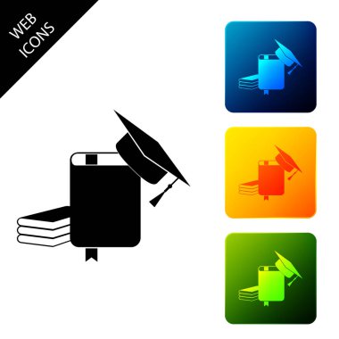 Mezuniyet kapağı ve kitap simgesi beyaz arka plan üzerinde izole. Simgeleri renkli kare düğmeleri ayarlayın. Vektör İllüstrasyonu