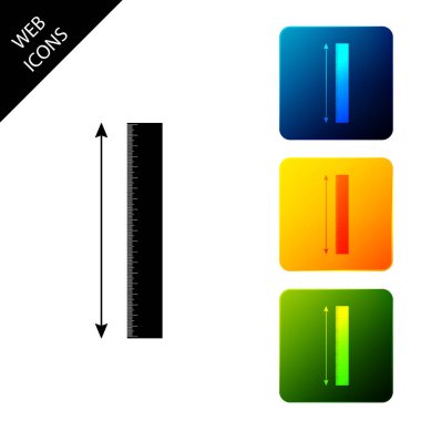 Ölçüm yüksekliği ve uzunluk simgesi beyaz arka planda yalıtılmış. Cetvel, düz kenar, ölçek sembolü. Simgeleri renkli kare düğmeleri ayarlayın. Vektör İllüstrasyonu