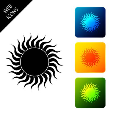 Güneş simgesi beyaz arka plan üzerinde izole. Simgeleri renkli kare düğmeleri ayarlayın. Vektör İllüstrasyonu