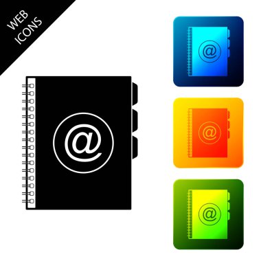 Adres defteri simgesi beyaz arka planda yalıtılmış. Not defteri, adres, iletişim, dizin, telefon, telefon rehberi simgesi. Simgeleri renkli kare düğmeleri ayarlayın. Vektör İllüstrasyonu