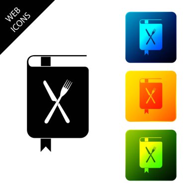 Beyaz arka planda yalıtılmış yemek kitabı simgesi. Yemek kitabı simgesi. Tarif defteri. Çatal ve bıçak simgeleri. Çatal bıçak takımı sembolü. Restoran sembolü. Simgeleri renkli kare düğmeleri ayarlayın. Vektör İllüstrasyonu