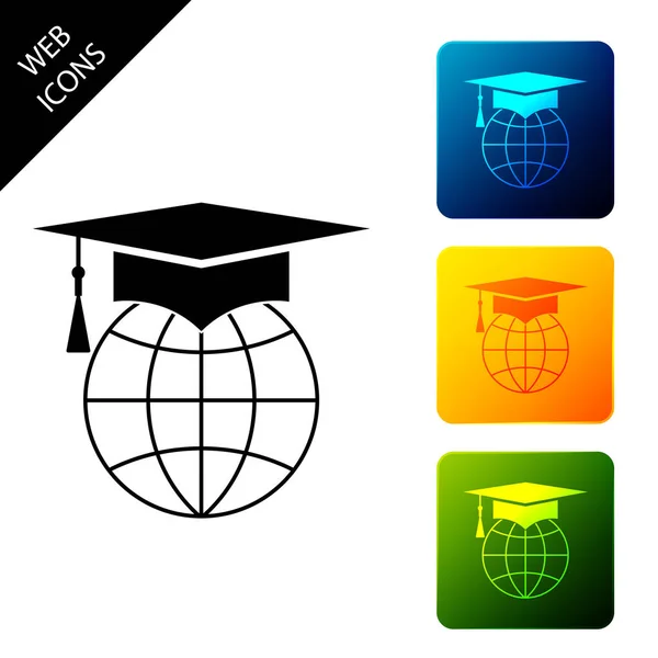 Graduation cap on globe icon isolated on white background. World education symbol. Online learning or e-learning concept. Set icons colorful square buttons. Vector Illustration — Stock Vector