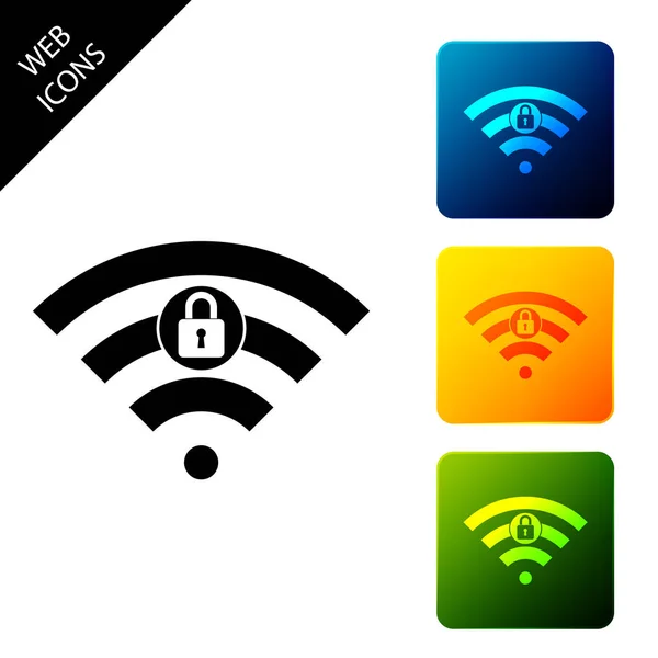 Wifi locked sign icon isolated on white background. Password Wi-fi symbol. Wireless Network icon. Wifi zone. Set icons colorful square buttons. Vector Illustration — Stock Vector