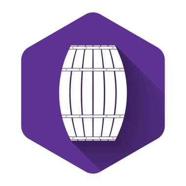 Uzun gölgeli beyaz tahta varil ikonu. Alkol fıçısı, içki kabı, bira için tahta fıçı, viski, şarap. Mor altıgen düğmesi. Vektör İllüstrasyonu