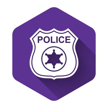 Beyaz Polis rozet ikonu uzun gölgeli izole edilmiş. Şerif rozeti. Mor altıgen düğmesi. Vektör İllüstrasyonu