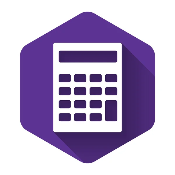 White Calculator icon isolated with long shadow. Accounting symbol. Business calculations mathematics education and finance. Purple hexagon button. Vector Illustration — Stock Vector