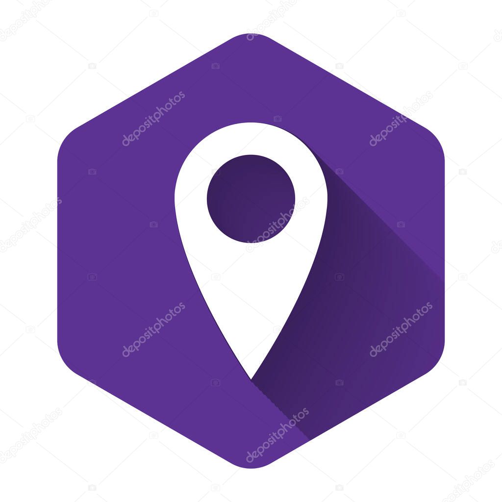 White Map pin icon isolated with long shadow. Pointer symbol. Location sign. Navigation map, gps, direction, place, compass, contact, search concept. Purple hexagon button. Vector Illustration