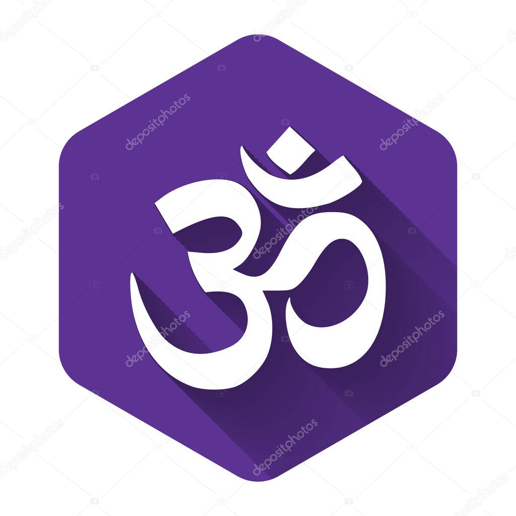 White Om or Aum Indian sacred sound icon isolated with long shadow. Symbol of Buddhism and Hinduism religions. The symbol of the divine triad of Brahma, Vishnu and Shiva. Vector Illustration
