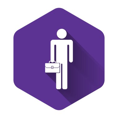 Evrak çantası ikonlu beyaz iş adamı uzun gölgeli izole edilmiş. Mor altıgen düğmesi. Vektör İllüstrasyonu