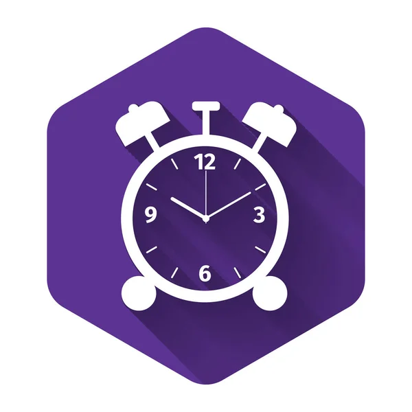 White Alarm clock icon isolated with long shadow. Wake up, get up concept. Time sign. Purple hexagon button. Vector Illustration — Stock Vector