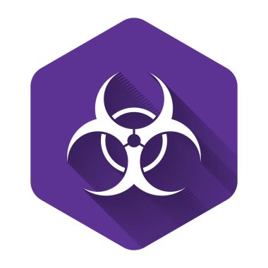 Beyaz Biyolojik Tehlike sembolü uzun gölgeli izole edilmiş. Mor altıgen düğmesi. Vektör İllüstrasyonu