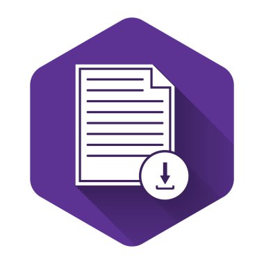 İndirme işareti simgesine sahip beyaz belge uzun gölgeyle izole edildi. Dosya belgesi sembolü. Mor altıgen düğmesi. Vektör İllüstrasyonu