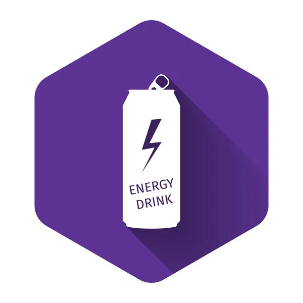 White Energy Drink Symbol isoliert mit langem Schatten. lila Sechskant-Taste. Vektorillustration — Stockvektor