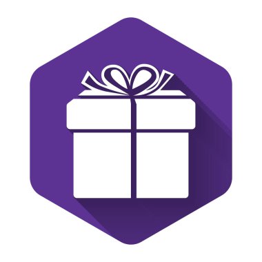 Uzun gölgeli beyaz hediye kutusu simgesi. Mor altıgen düğmesi. Vektör İllüstrasyonu