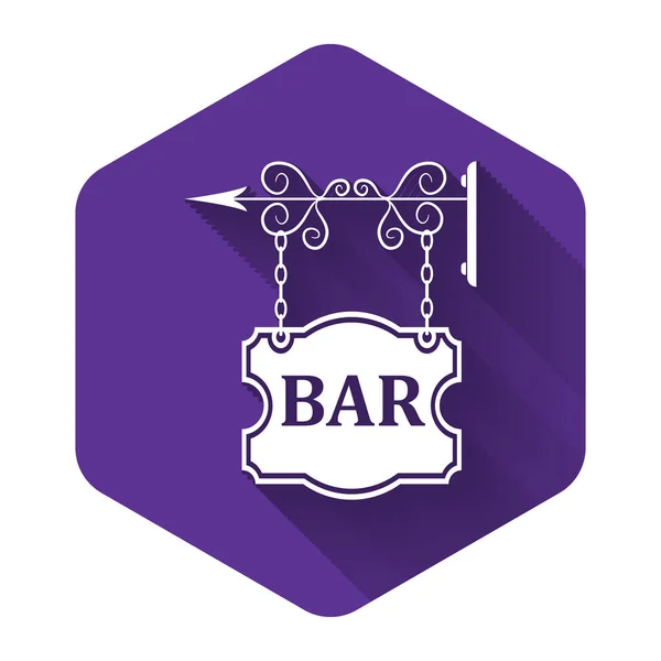 Panneau Vintage blanc publicité extérieure avec texte icône Bar isolé avec une ombre longue. Bouton hexagonal violet. Illustration vectorielle — Image vectorielle