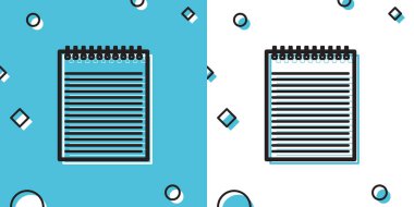 Mavi ve beyaz arkaplanda siyah defter simgesi izole edildi. Spiral not defteri simgesi. Okul defteri. Yazı tahtası. İş günlüğü. Not defteri kapağı tasarımı. Rastgele dinamik şekiller. Vektör İllüstrasyonu