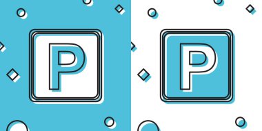 Mavi ve beyaz arkaplanda siyah park simgesi izole edildi. Sokak tabelası. Rastgele dinamik şekiller. Vektör İllüstrasyonu