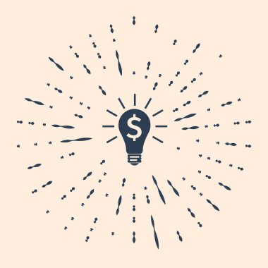 Dolar sembollü siyah ampul bej arka planda izole edilmiş. Para fikir üretir. Fintech yenilik konsepti. Soyut çember rastgele noktalar. Vektör İllüstrasyonu